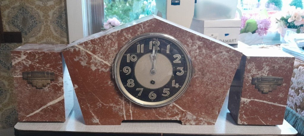 Art Deco schouwklok met bijbehorende zijstukken, Antiek en Kunst, Ophalen