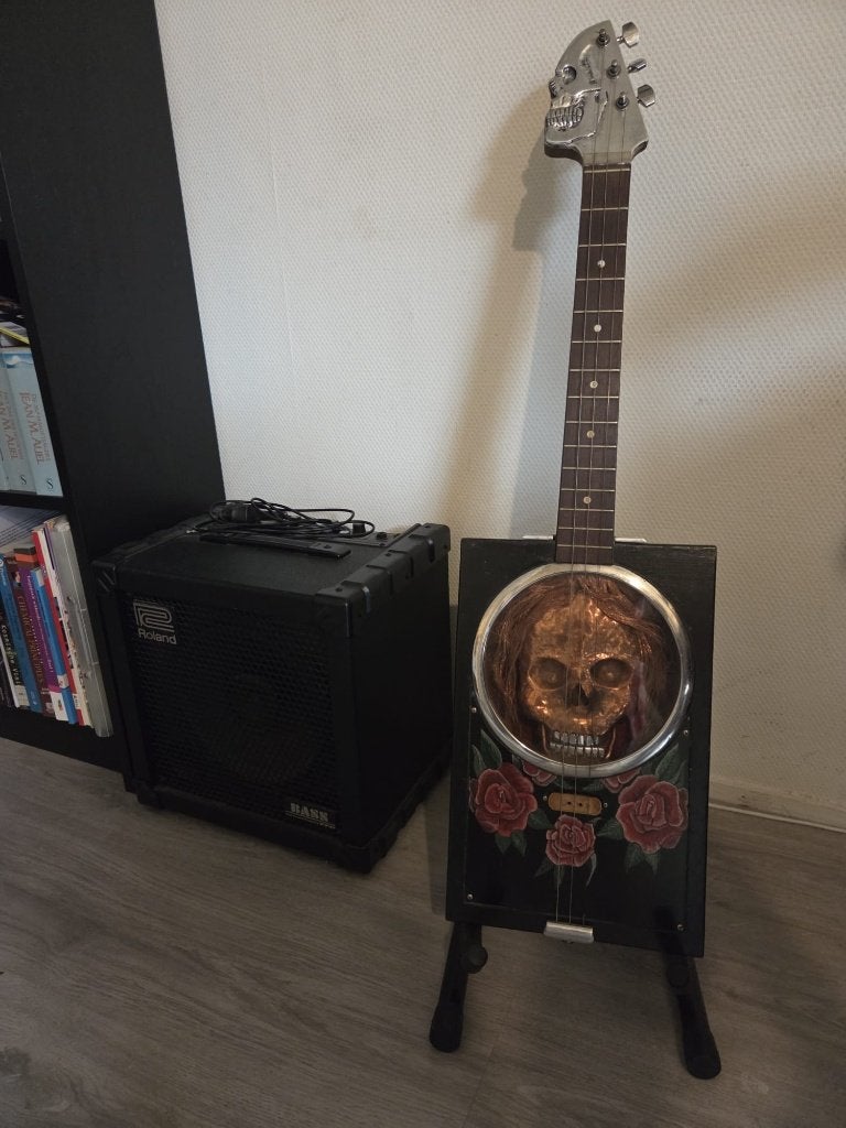 Custom pirate cigarbox gitaar met schedel (messing) en rozen, Ophalen, Zo goed als nieuw, Hollow body