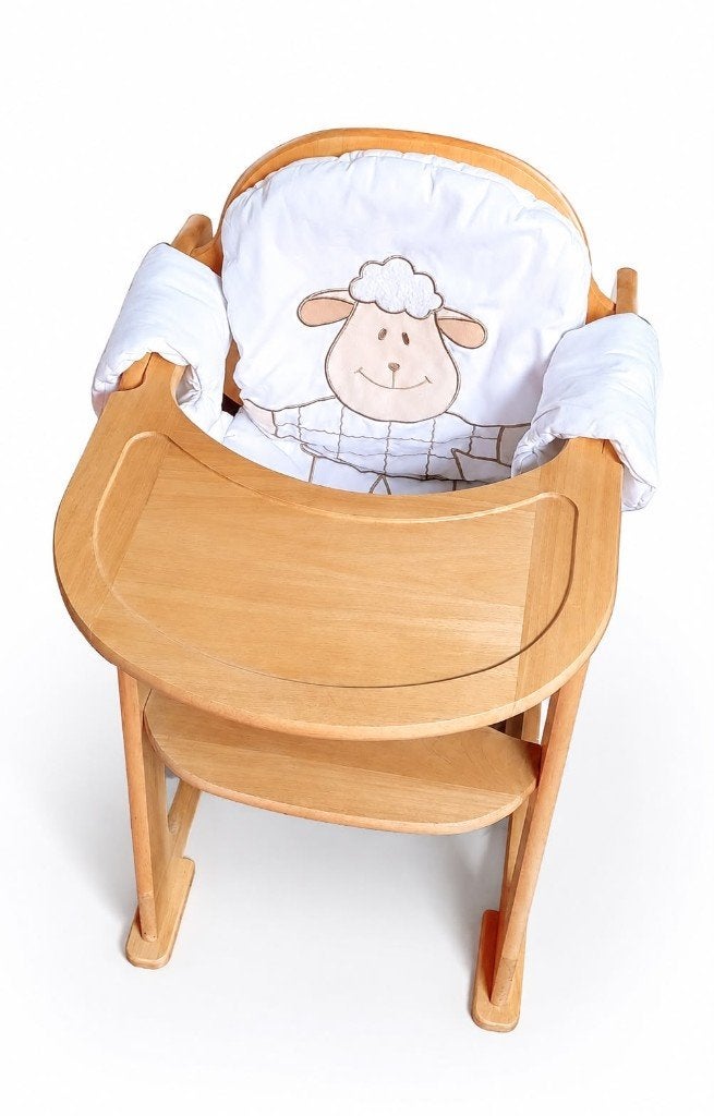 Houten verstelbare babystoel met kussen – zo goed als nieuw, Ophalen, Zo goed als nieuw, Meegroeistoel, Afneembaar eetblad
