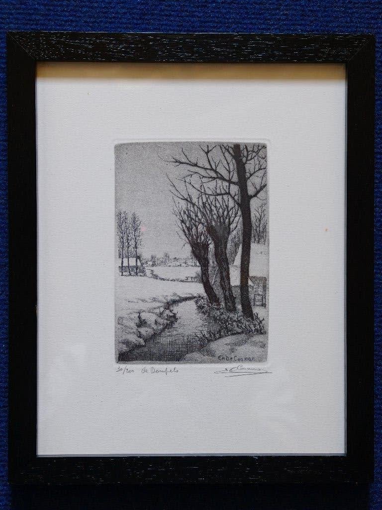 Gravure signée à la main intitulée « De Dompels », Eau-forte, 26 cm, 1950 - 1999, Paysage