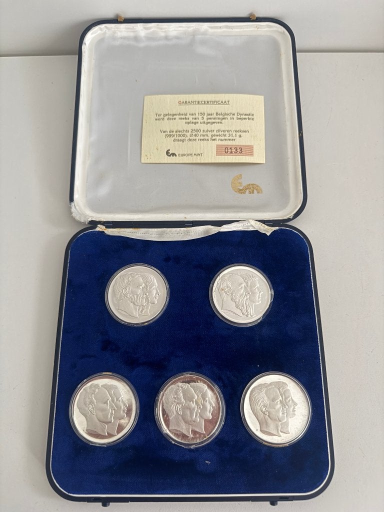Zilveren Penningenset "150 Jaar Belgische Dynastie", Ophalen, Setje, Zilver, Zilver