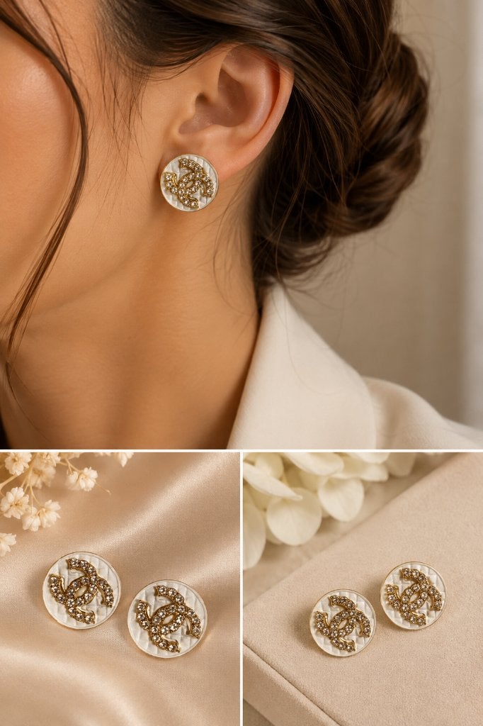 Chique Wit-Gouden Button Oorbellen met Strass (Nieuw), Bijoux, Sacs & Beauté, Boucles d'oreilles, Avec strass, Blanc, Argent, Envoi