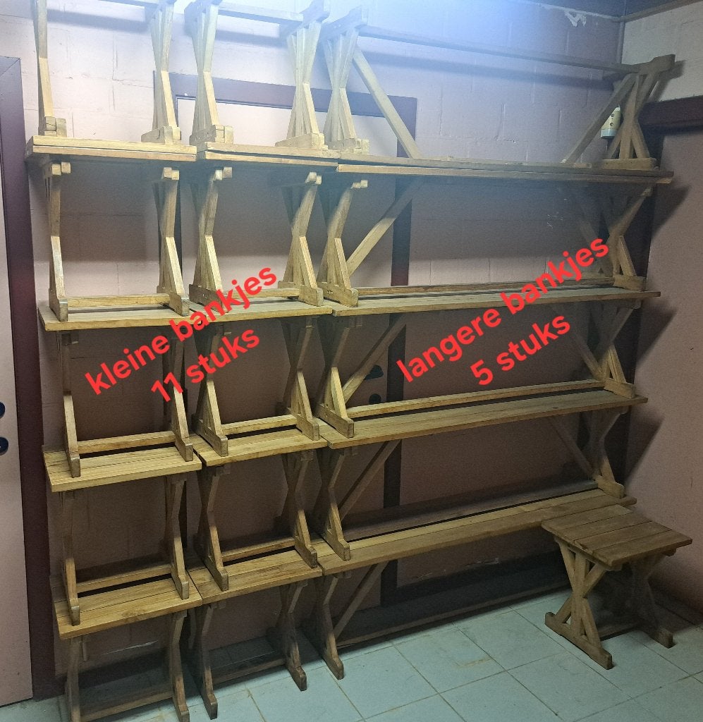 Tuinbankjes in teak, lot van 16 stuks, Tuin en Terras, Ophalen, Gebruikt, Teakhout