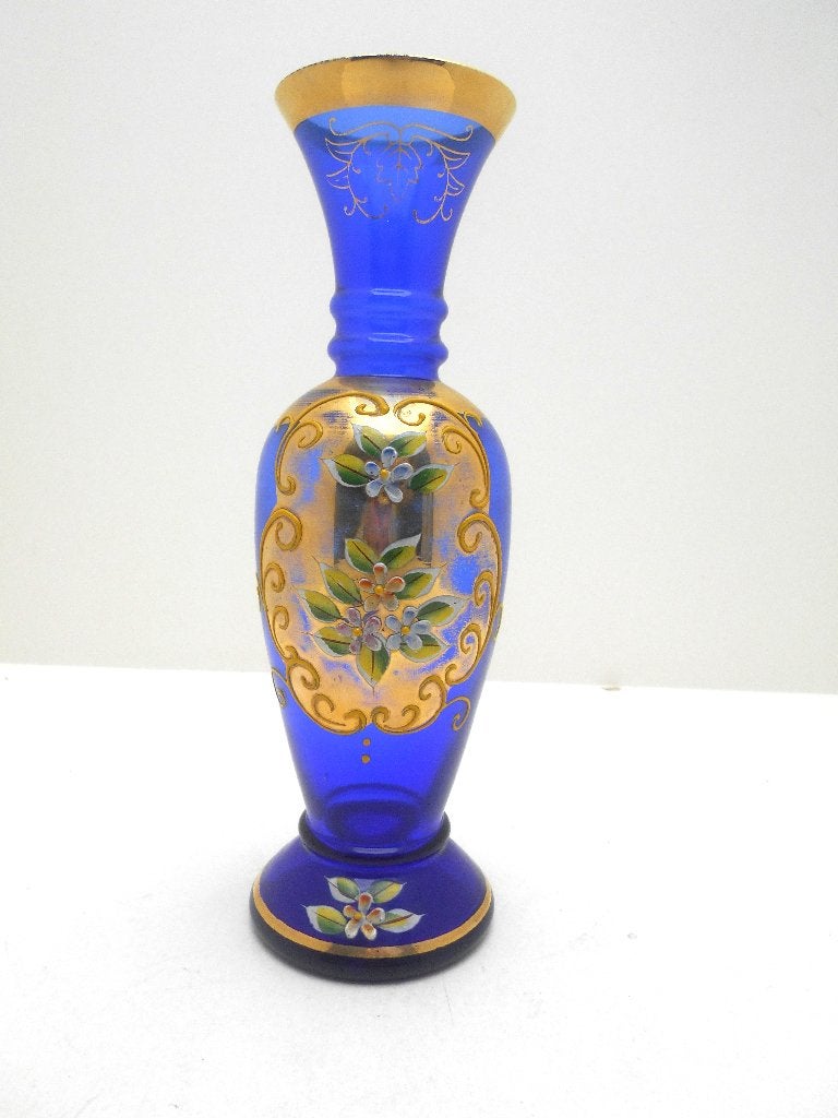 ancien vase en verre bleu et doré Murano peint main, Antiquités & Art, Enlèvement ou Envoi
