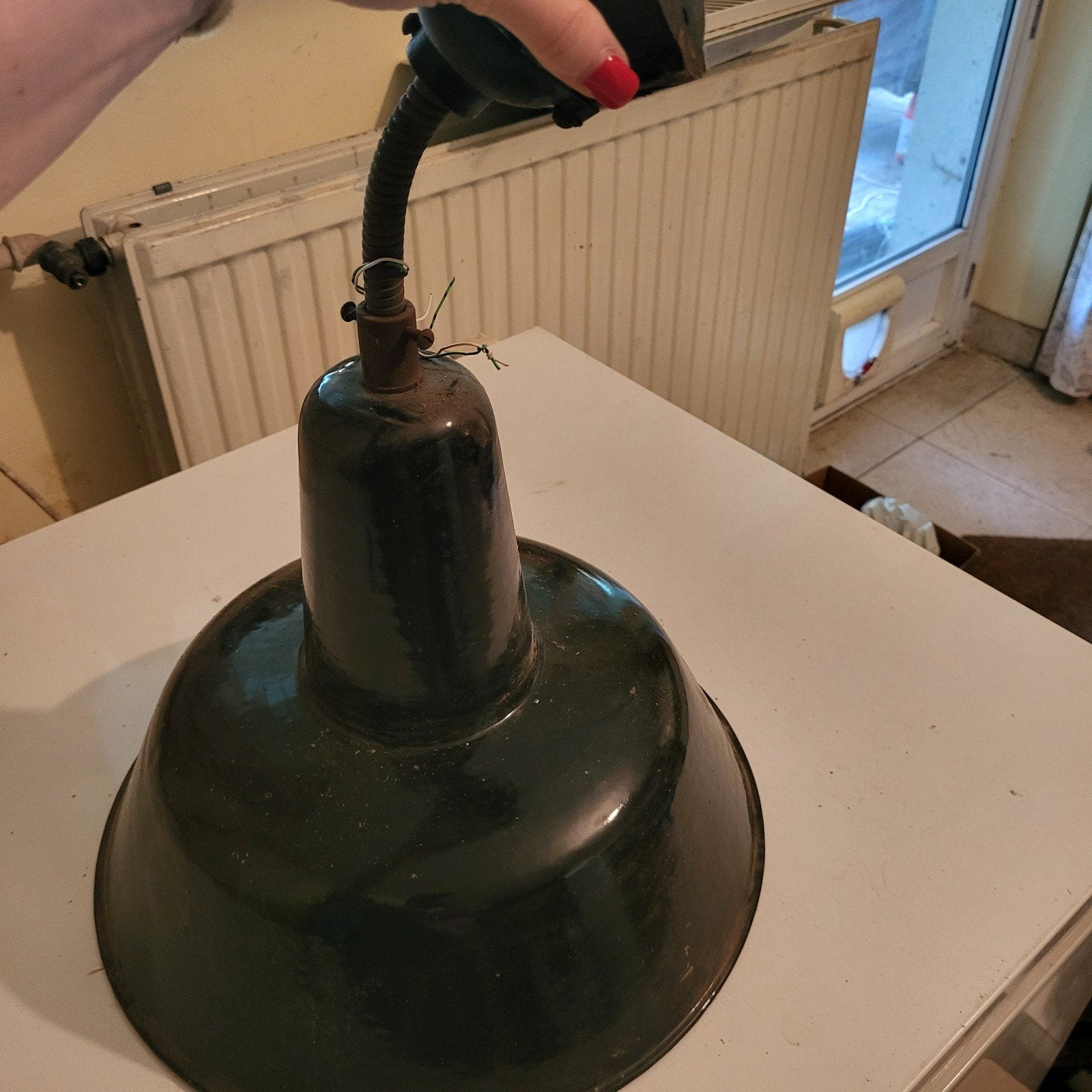 vintage zwart emaille lamp, Ophalen, Gebruikt, Industieel