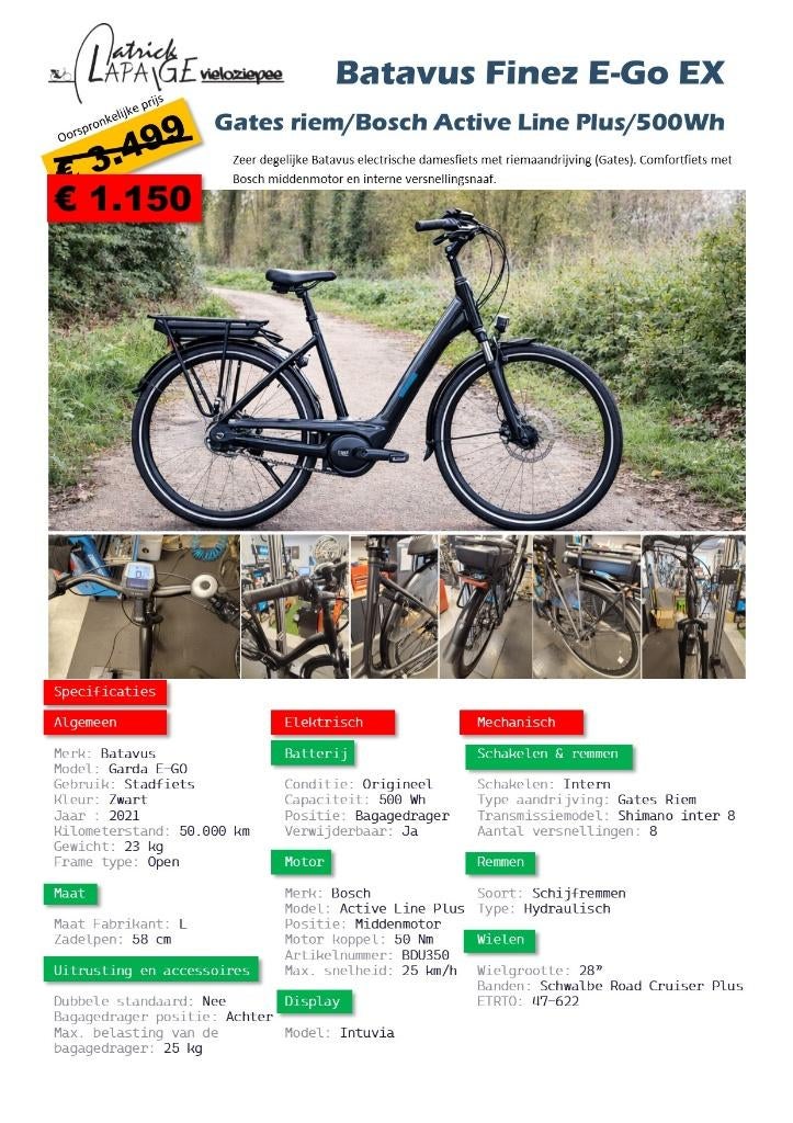 Batavus Finez E-Go - Riem – Bosch Active Line Plus – 500Wh, Fietsen en Brommers, Elektrische fietsen, Ophalen, Gebruikt, Batavus