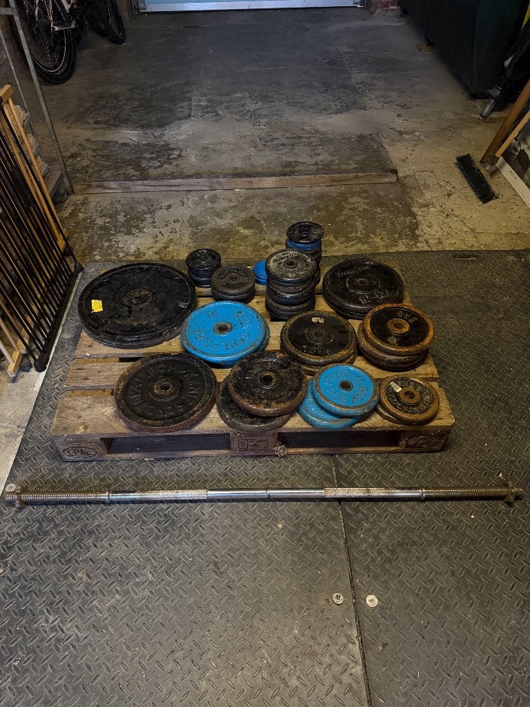 Gewichtschijven met stang, Ophalen of Verzenden, Gebruikt, Benen, Halterschijven