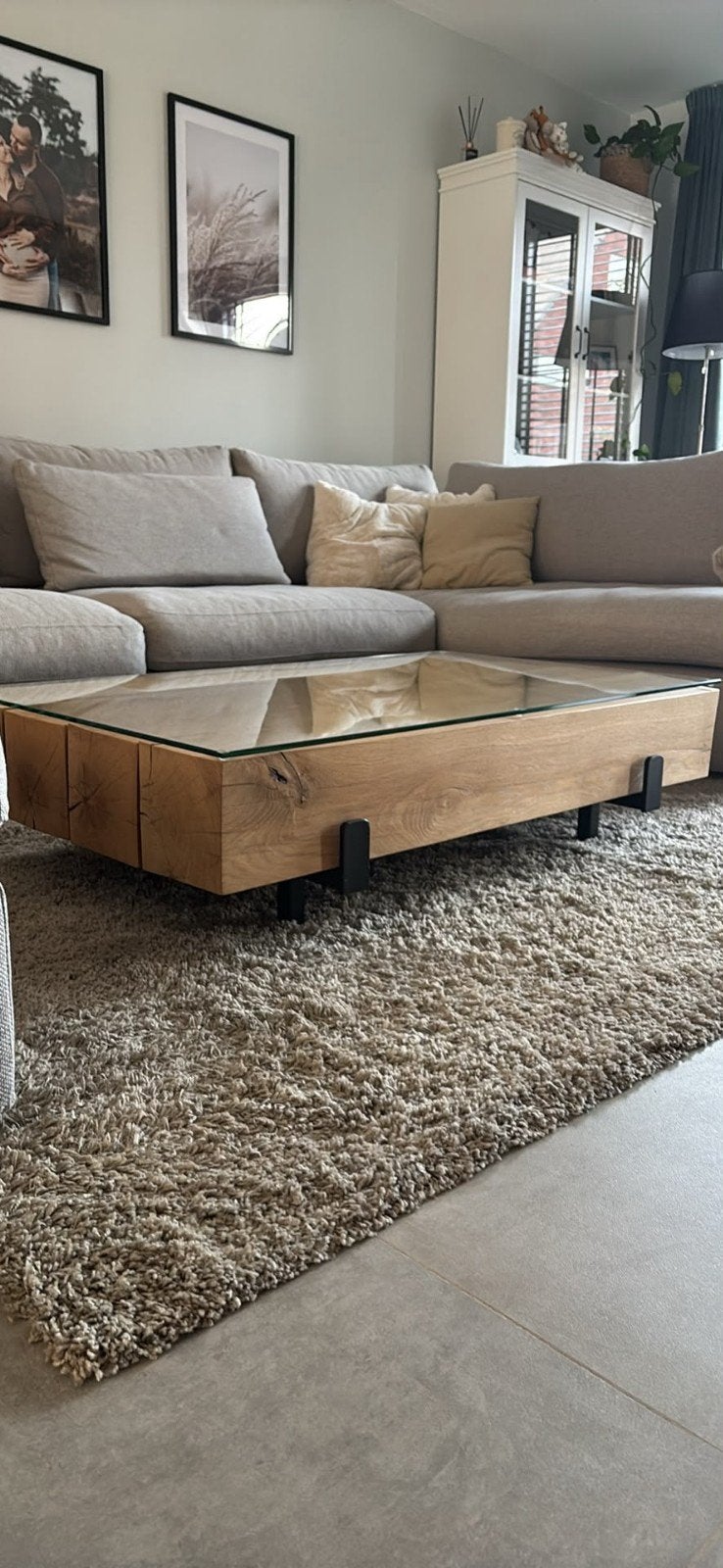 Unieke landelijke salontafel met massief eikenhouten balken, Ophalen, 100 tot 150 cm, 50 tot 100 cm, Landelijk