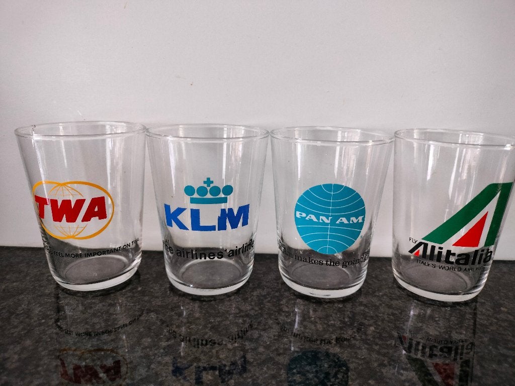 4 drinkglazen van airlines TWA, KLM, Panam, Alitalia, Verzamelen, Ophalen of Verzenden, Nieuw, Overige typen