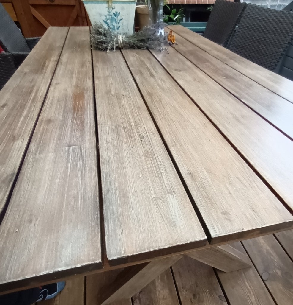 Robuuste houten tuintafel + 6 stoelen, Enlèvement, Utilisé, Rectangulaire, Bois