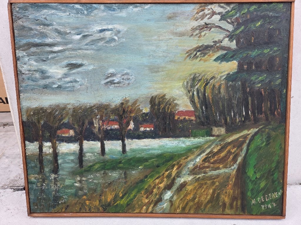 M De Deken: schilderij:  'veldweg', Antiek en Kunst, Ophalen of Verzenden