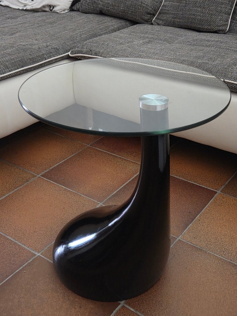 Salontafel glazen blad, voet in waterdruppel vorm en zwart, Ophalen, 50 – 75, Minder dan 50 cm, Rond