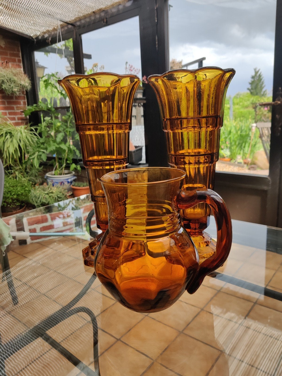 Art Deco vazen amber persglas jaren 30 getrapt Boheems, Antiquités & Art, Antiquités | Vases, Enlèvement
