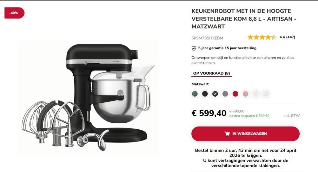 Kitchenaid keukenrobot 6,6L mat zwart, Enlèvement