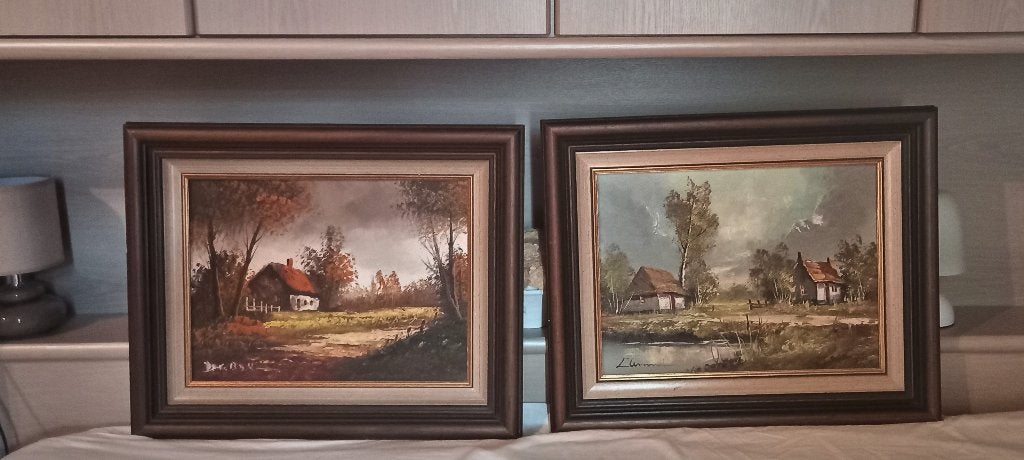 2 landschapschilderijen dd 1970, Antiquités & Art, Art | Peinture | Moderne, Bois, Enlèvement ou Envoi, Peinture acrylique, Paysage