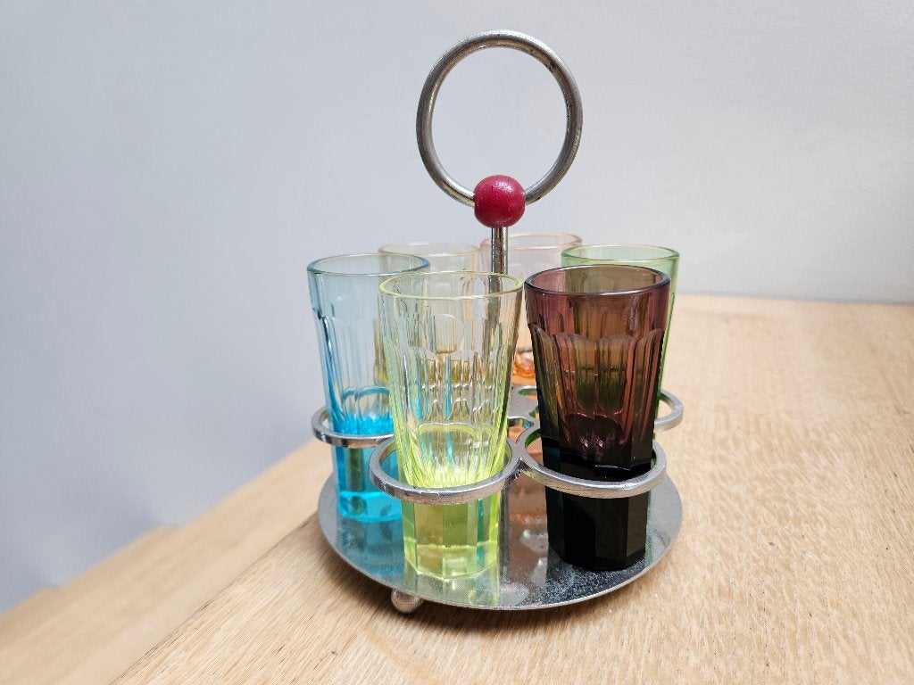 Serviteur à liqueur vintage en inox 6 verres (dont ouraline), Antiquités & Art, Antiquités | Verre & Cristal, Enlèvement ou Envoi
