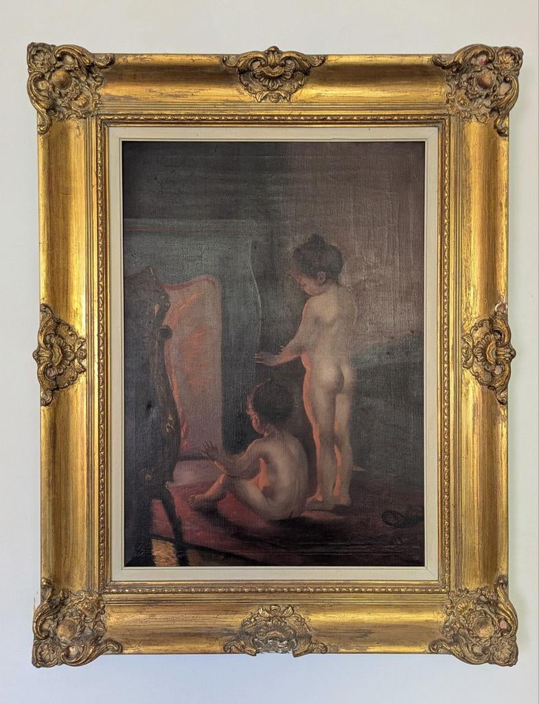 Vergulde kader met schilderij 'na het bad' 'bij het vuur', Antiek en Kunst, Ophalen