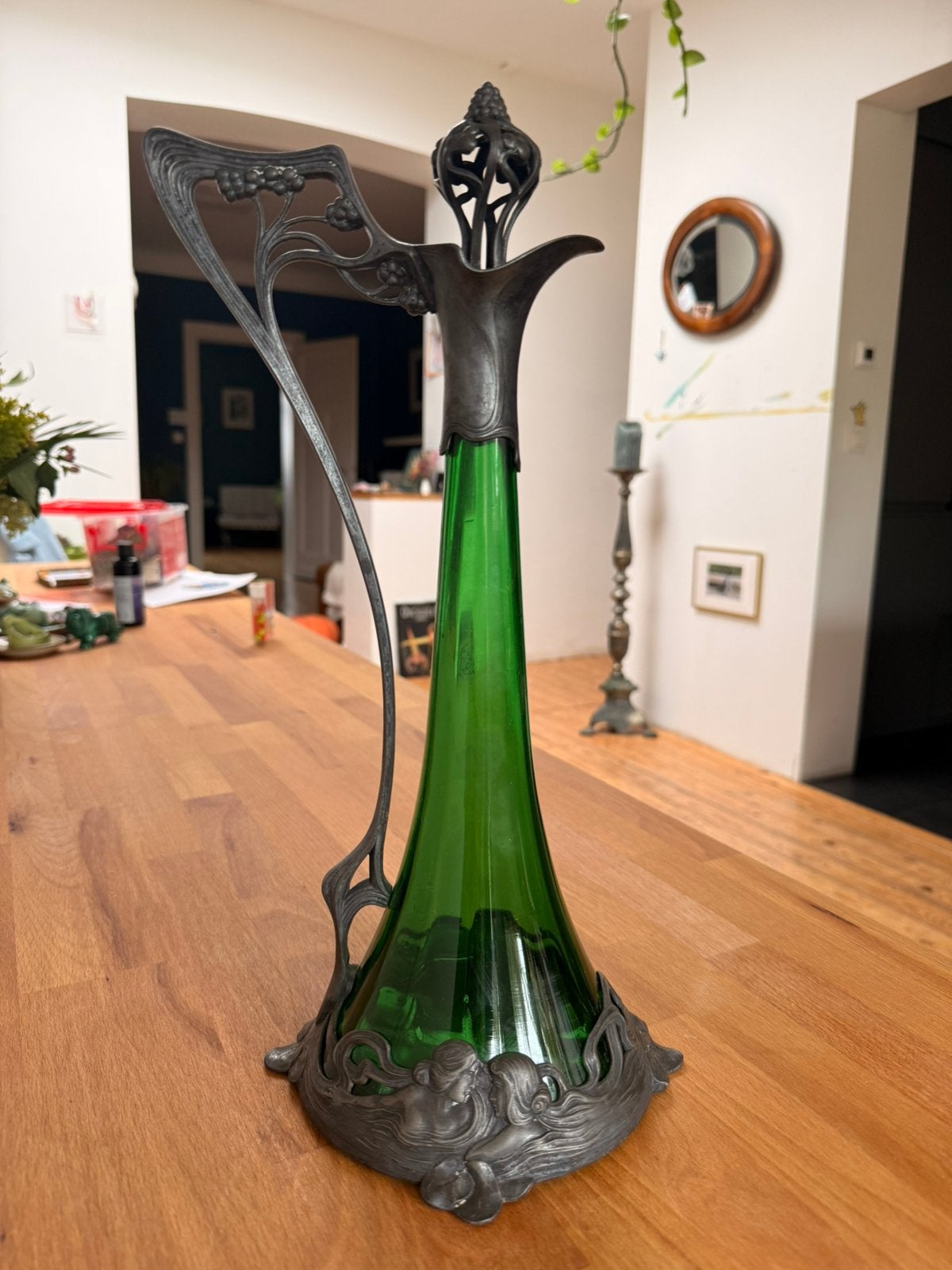 Carafe à vin WMF Art nouveau – Jugendstil – verre et etain, Maison & Meubles, Enlèvement ou Envoi, Comme neuf, Vert, Verre