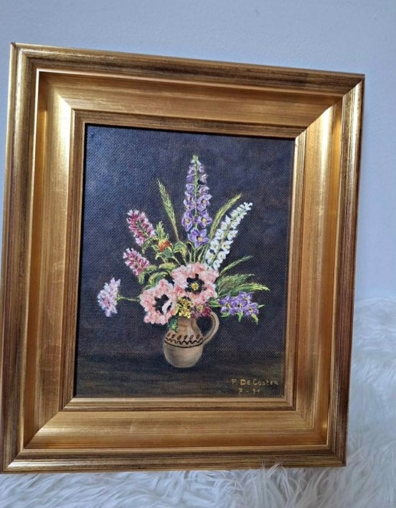 Nature morte fleurie  — P. De Coster (1991), Peinture à l'huile, Signé, Enlèvement, Toile