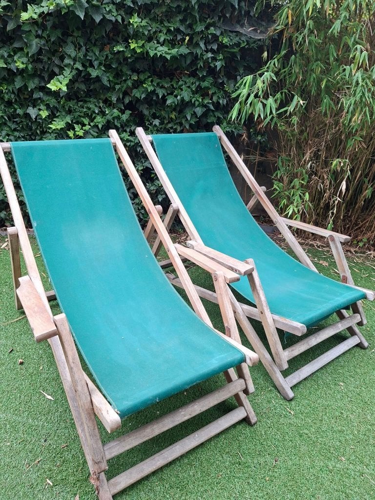 Twee houten strandstoelen, Ophalen, Gebruikt, Hout