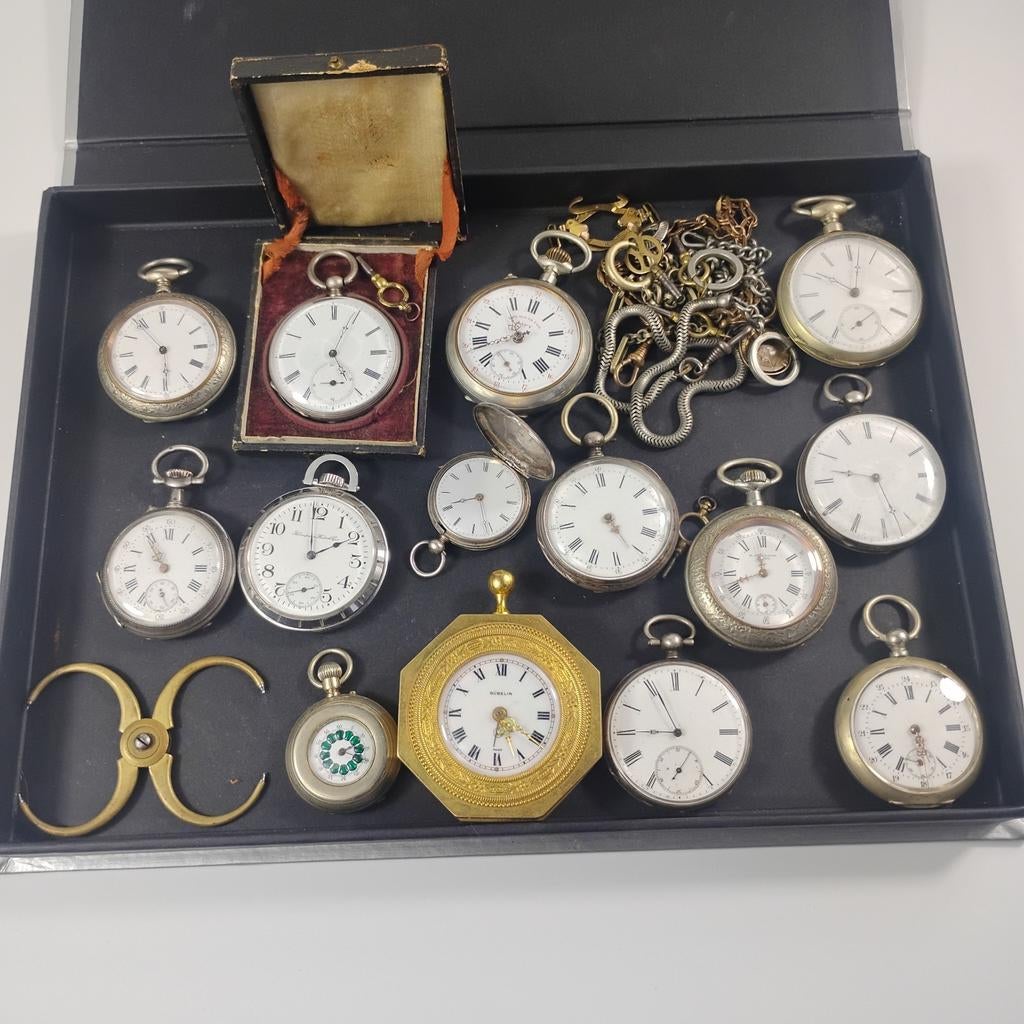 Belangrijke antieke horlogepartij zakhorloges inclusief zilv, Overige merken, Zakhorloge, Ophalen of Verzenden, Met ketting