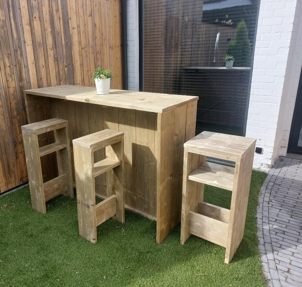 Barmeubel in steigerhout incl barkrukken, Ophalen, Zo goed als nieuw, Inclusief barstoelen