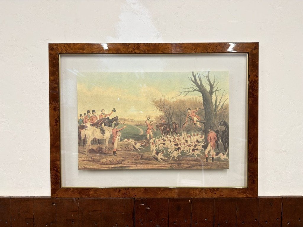 Antieke Engelse prent Jachttafreel in notenhouten lijst, Antiquités & Art, Antiquités | Bureau & Affaires, Enlèvement