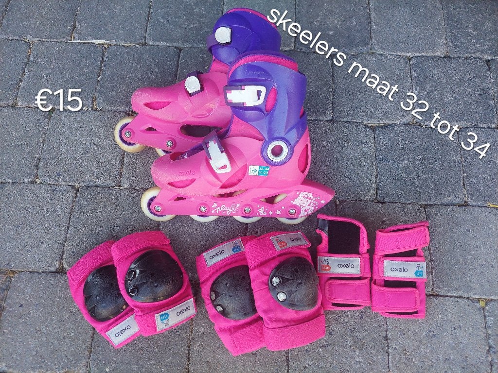 Skeelers + bescherming maat 32 tot 34, Ophalen, Kinderen, Verstelbaar, Gebruikt