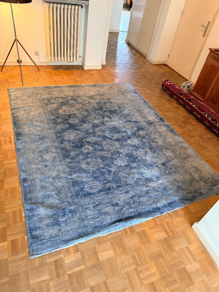 Tapijt handgeknoopt Zijde op Wol., Blauw, Ophalen of Verzenden, 200 cm of meer, Modern Orientaals