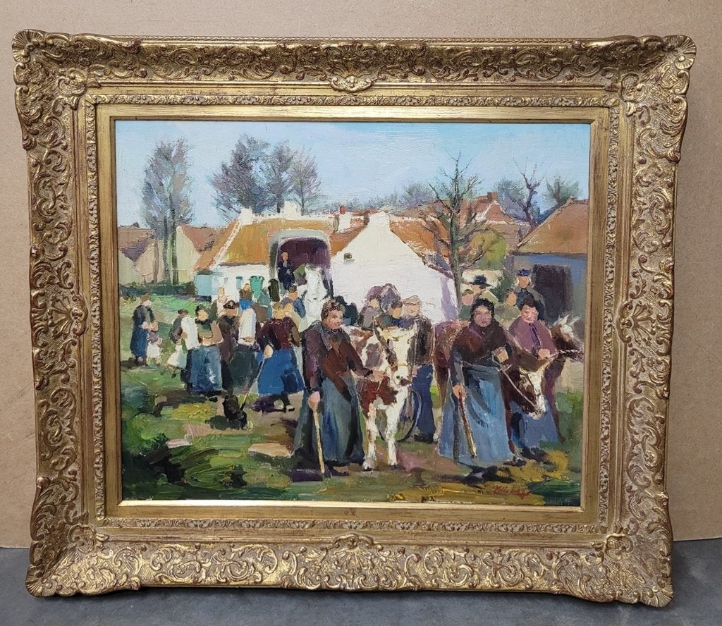 Joseph TILLEUX, boerenverhuis, Antiek en Kunst, Doek, Impressionistisch, Ophalen of Verzenden, Gesigneerd
