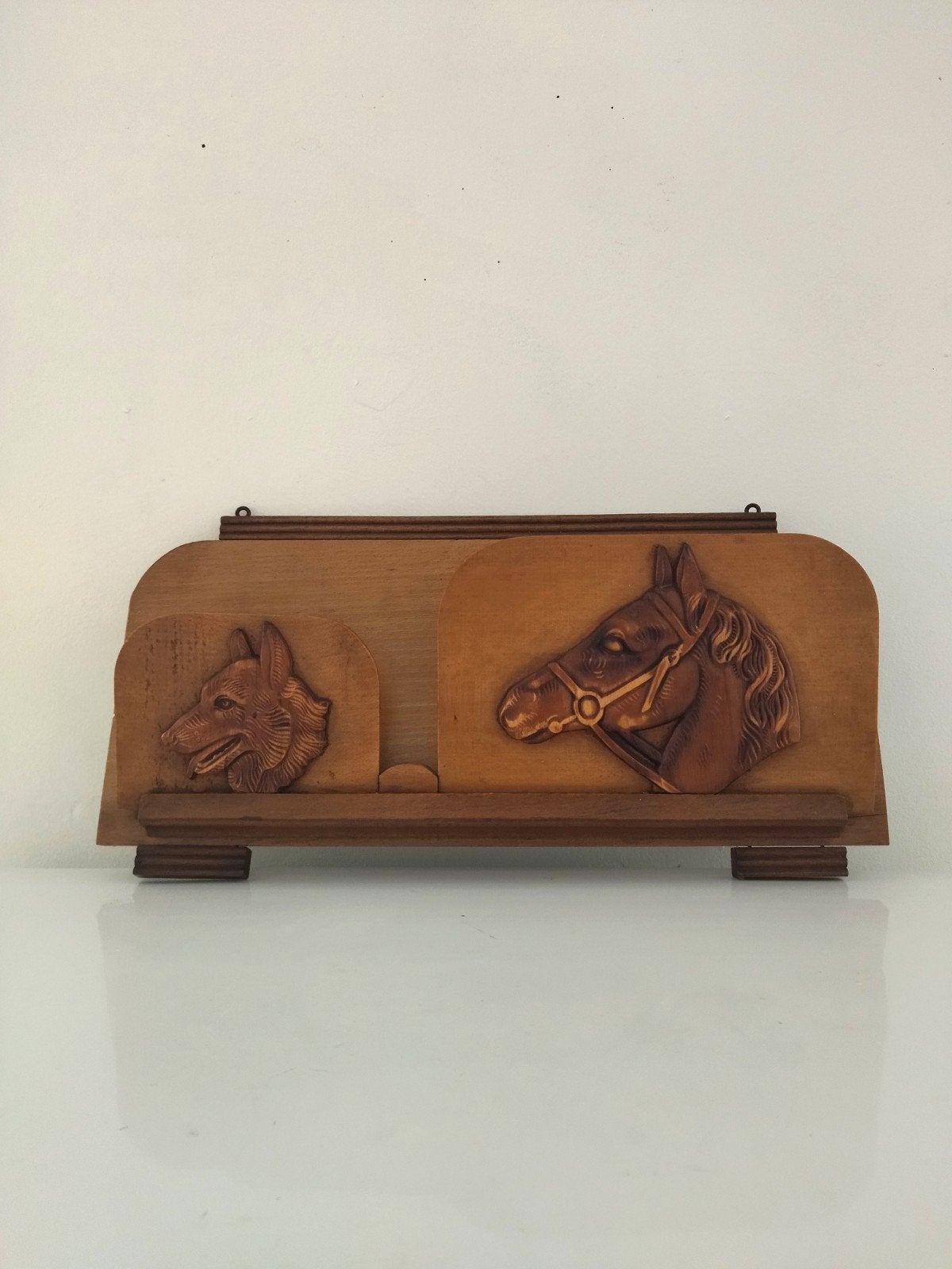 Porte-courrier ancien bois Art Déco cheval chien, Bois, Enlèvement ou Envoi, Brun, 20 - 50 cm