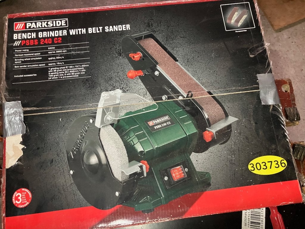 Parkside elektrische slijpsteen met bandschuurmachine, Doe-het-zelf en Bouw, Gereedschap | Schuurmachines, Ophalen, Gebruikt, Bandschuurmachine