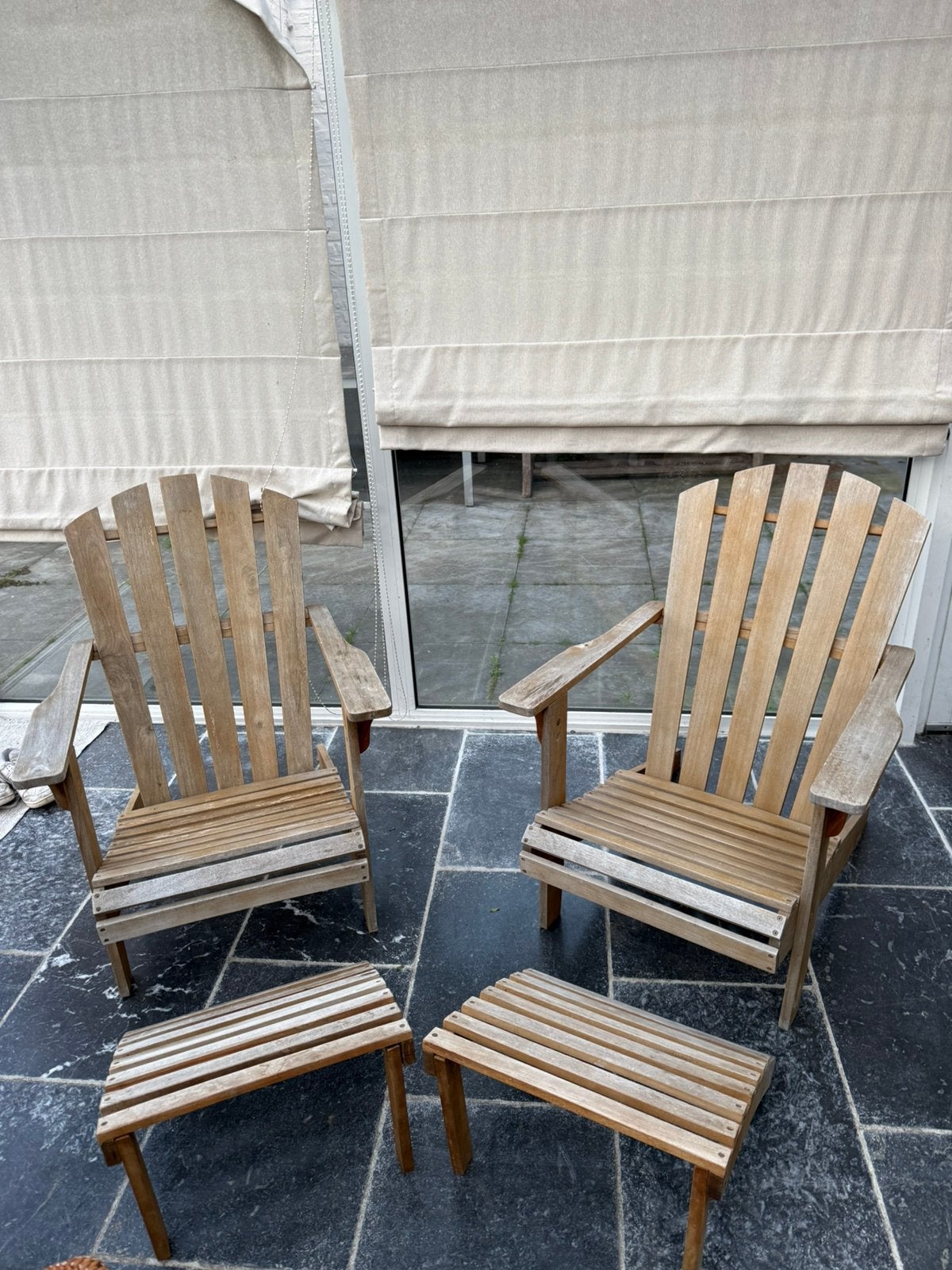 2 houten tuinstoelen met voetbankjes, Ophalen, Gebruikt, Hout