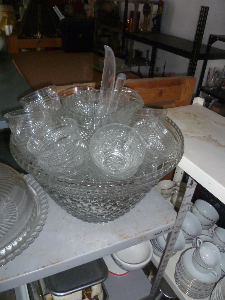 GR GLAZEN COCTAIL COUP MET TASSEN /LEPELS/KAN, Antiek en Kunst, Ophalen