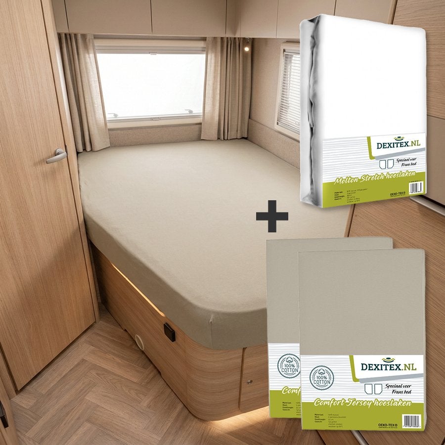 Textielpakket Frans bed - 1 molton met 2 hoeslakens - links, Caravans en Kamperen, Caravanaccessoires
