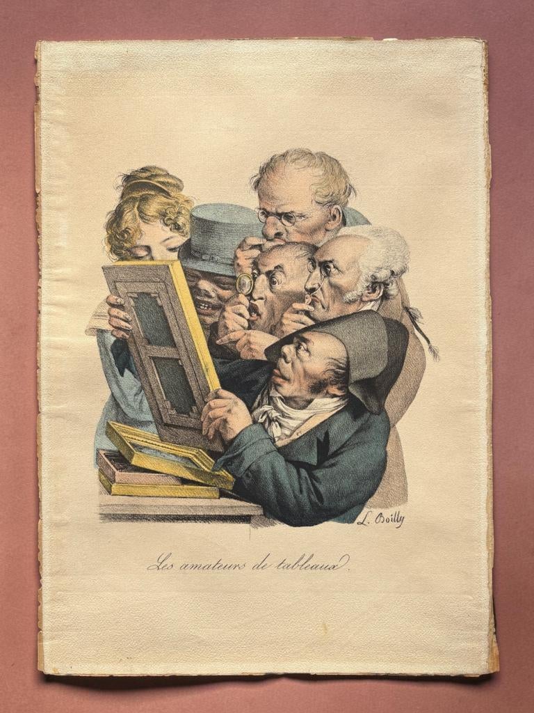 Lithographie  ancienne Boilly Les amateurs de tableaux, 23 cm, Vie quotidienne, 33 cm, Lithographie