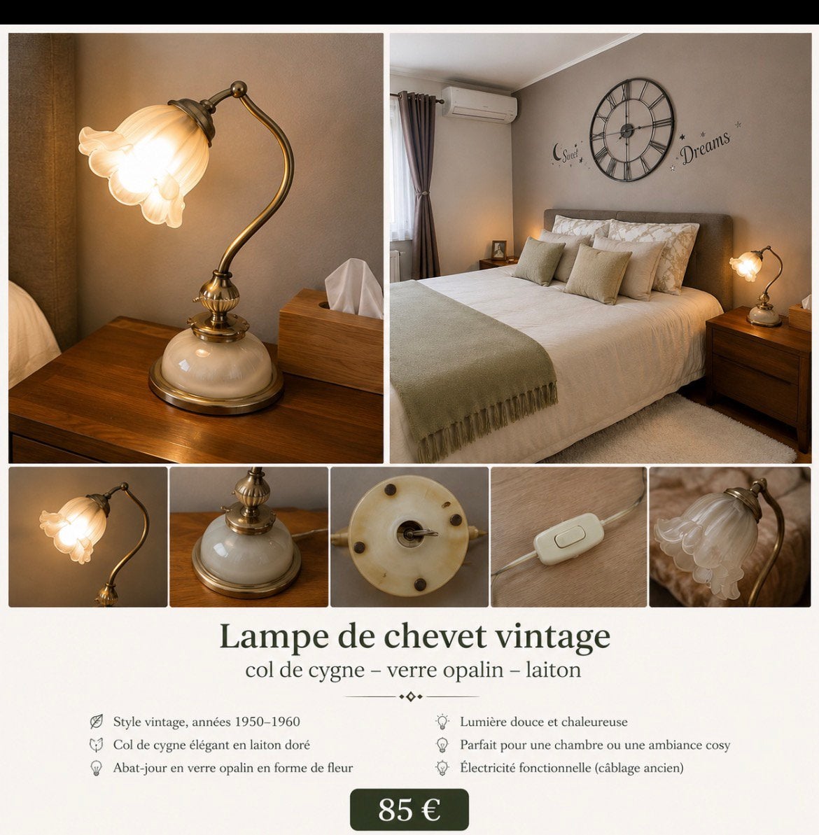 Vintage bedlamp met zwanenhals, Huis en Inrichting, Ophalen, Nachtlamp, Vintage, Goud
