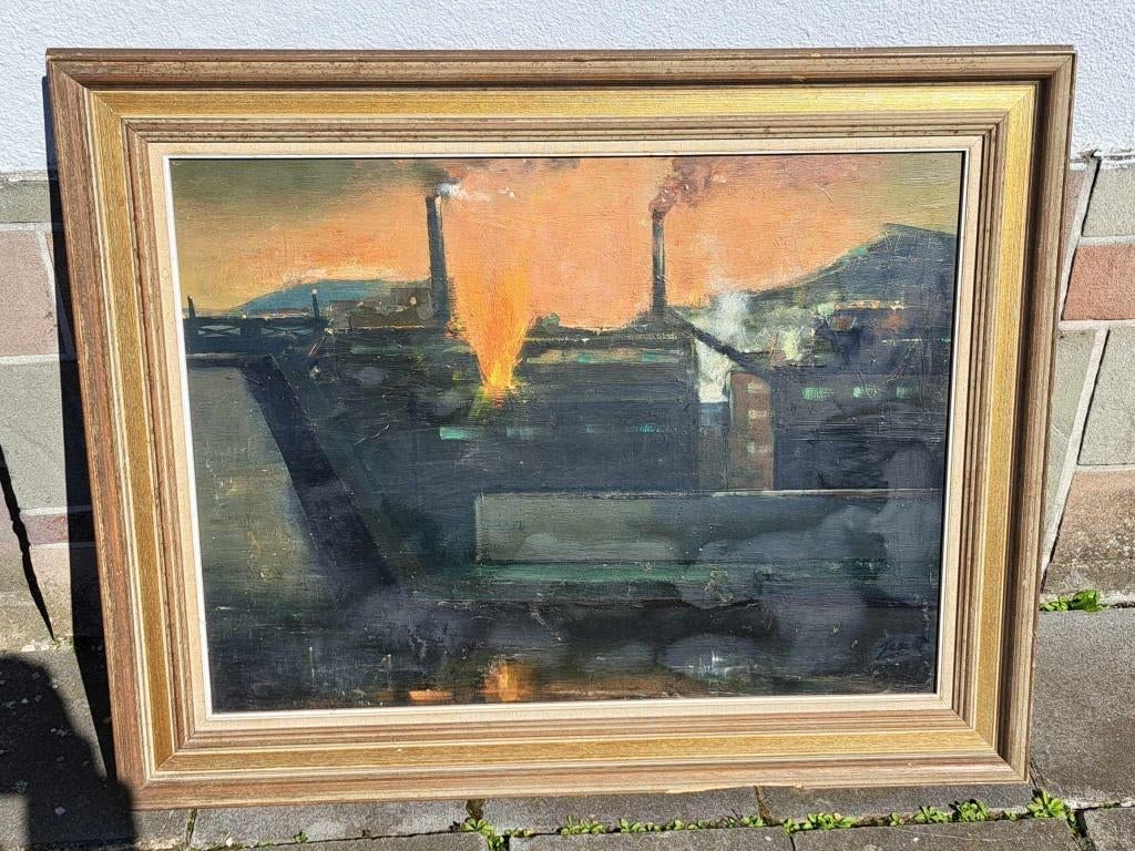 huile sur panneau site industriel signe luc perot, Antiquités & Art, Enlèvement ou Envoi