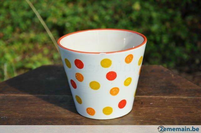 cache pot faience pois orange et jaune, Ophalen of Verzenden, Gebruikt