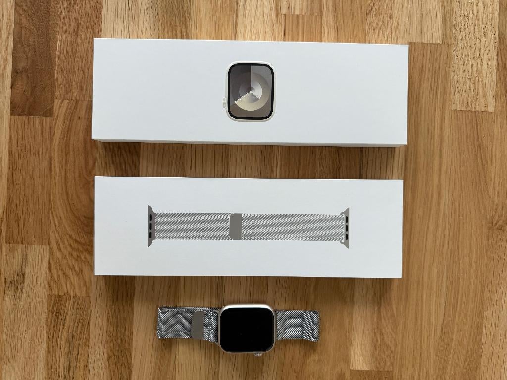 Apple Watch Series 9 — 45 mm GPS-aluminium sterrenlicht, Handtassen en Accessoires, Smartwatches, Gebruikt, iOS, Grijs, Afstand