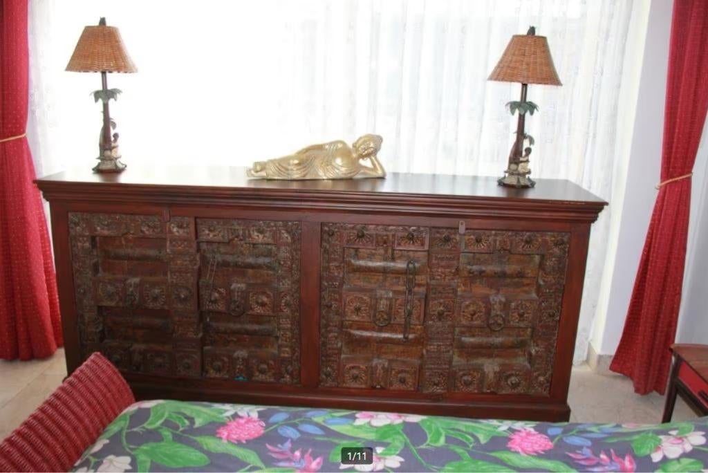 DRESSOIR INDIEN EN TEAK AVEC PORTES ANTIQUES AUTHENTIQUES, Ophalen, Gebruikt, Teakhout, Met deur(en)