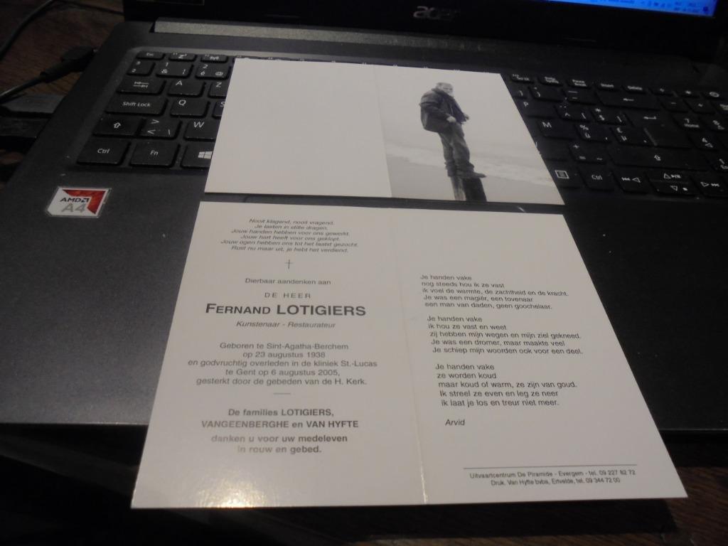 dp Fernand Lotigiers, Verzamelen, Bidprentjes en Rouwkaarten, Ophalen of Verzenden, Bidprentje