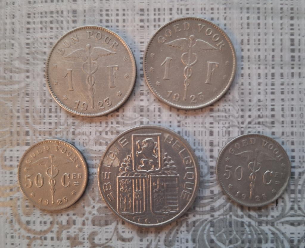 5 pièces belges anciennes: 50c+50c+1fb+1fb(1923) - 5fb(1939), Ophalen of Verzenden, Overig, Losse munt
