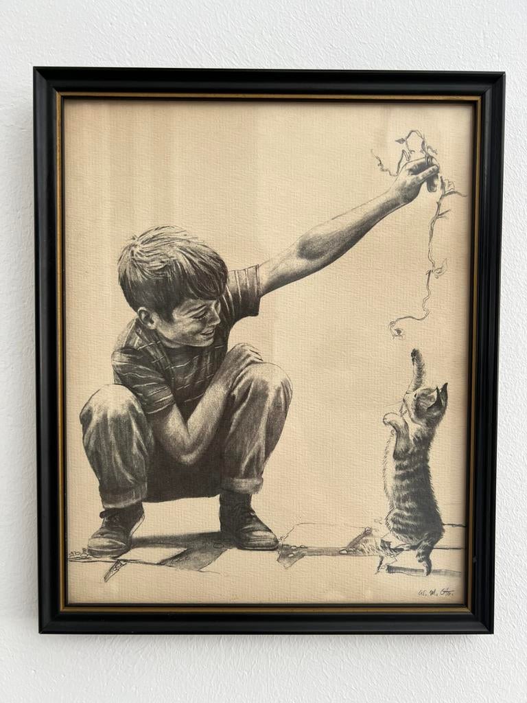 WM Otto - Jongen met kat  tekening van WM Otto, Antiek en Kunst, Ophalen of Verzenden