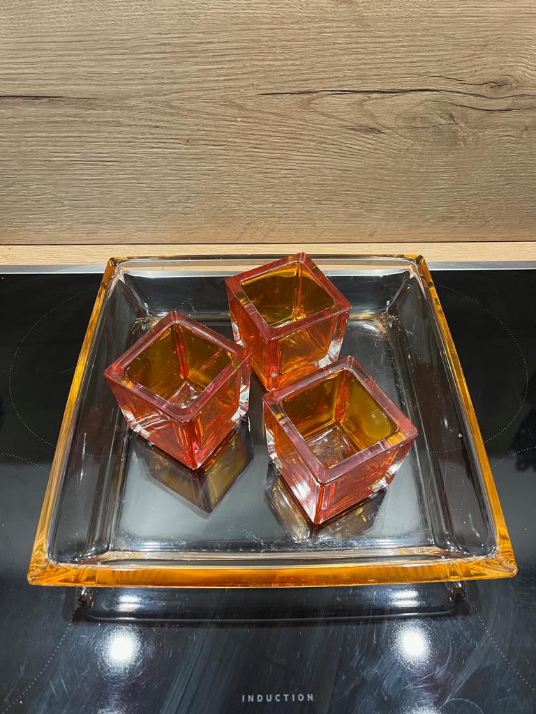 Prachtige glazen schaal met theelichthouders van Leonardo, Schaal, Vierkant, Ophalen of Verzenden, Glas