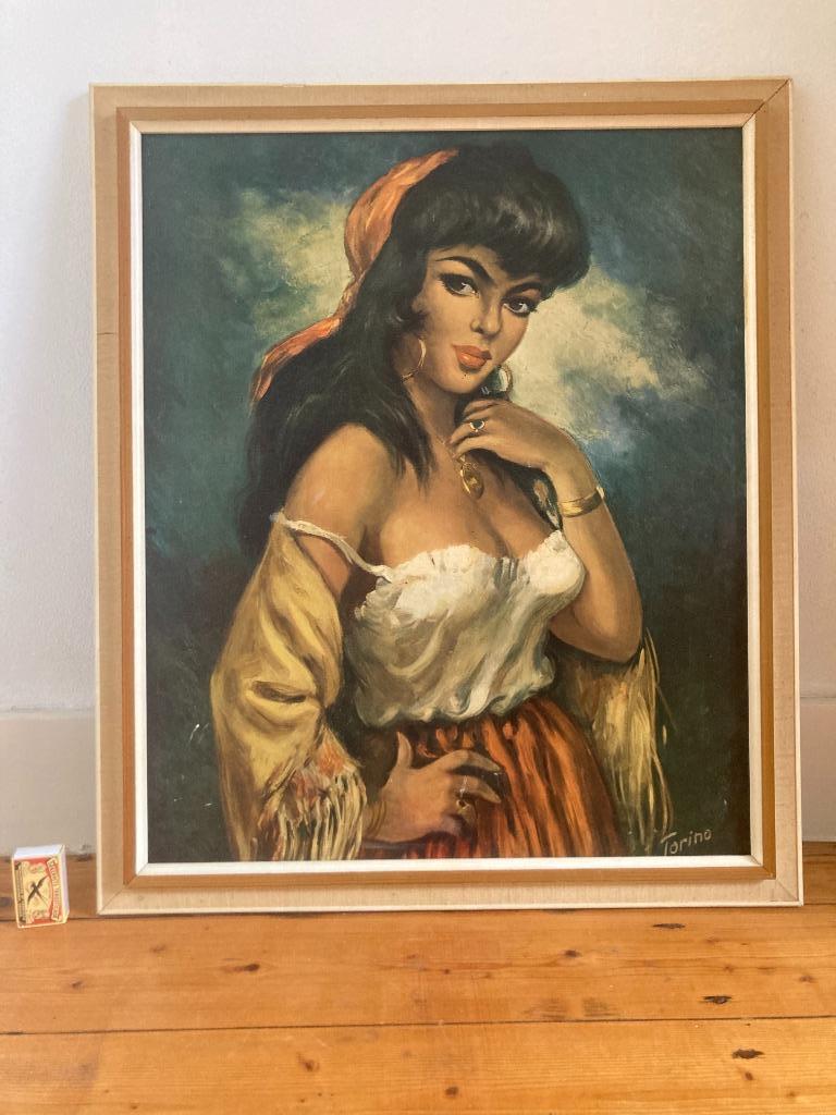 Groot Carmen Torino klassiek zigeunermeisje camp schilderij, Ophalen of Verzenden