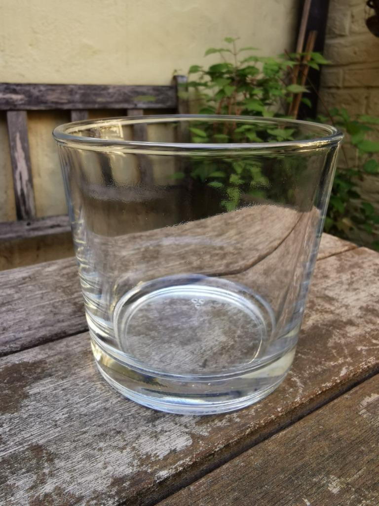 Vaas of bloempot of windlicht in glas 11 cm cache-pot., Ophalen, Overige materialen, Rond, Zo goed als nieuw