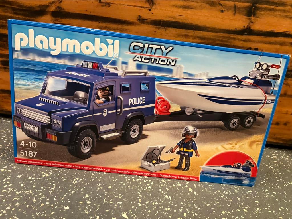 Playmobil 5187 compleet en met doos, politiewagen en boot, Ophalen of Verzenden, Zo goed als nieuw