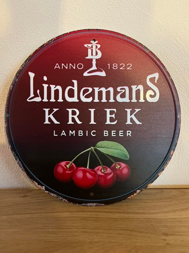 Lindemans Kriek metalen plaat, Verzamelen, Merken en Reclamevoorwerpen, Ophalen of Verzenden, Zo goed als nieuw