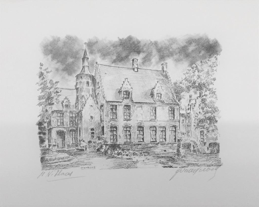 Gravure au fusain Walburg Castle St. -Niklaas 1931, Enlèvement ou Envoi
